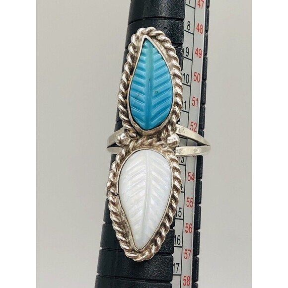 LEE CHARLEY JR ~NAVAJO STERLING ~TURQUOISE & MOTHER OF PEARL FEATHER RING-Signed - Picture 5 of 12